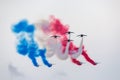 Patrouille de France, the aerobatic display team of the French Air Force Armee de lÃ¢â¬â¢Air flying Dassault-Dornier Alpha Jet E Royalty Free Stock Photo